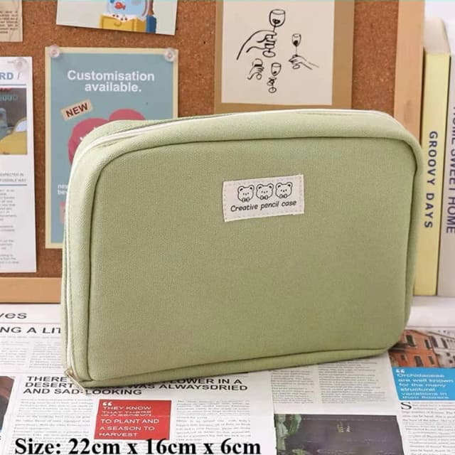 Large Capacity Green Canvas Pencil Case with Multiple Compartment